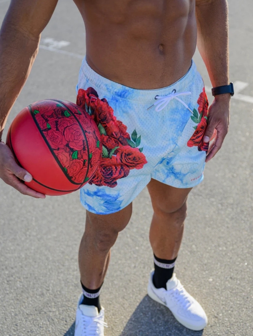 YoungLa Blue Tie-Dye Shorts with Red Rose Print Sz.L